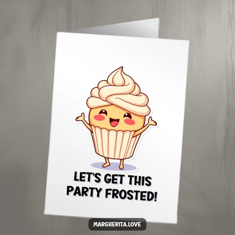 Funny Free Printable Birthday Card: A happy cupcake with swirly frosting does a joyful jig, spreading birthday cheer.