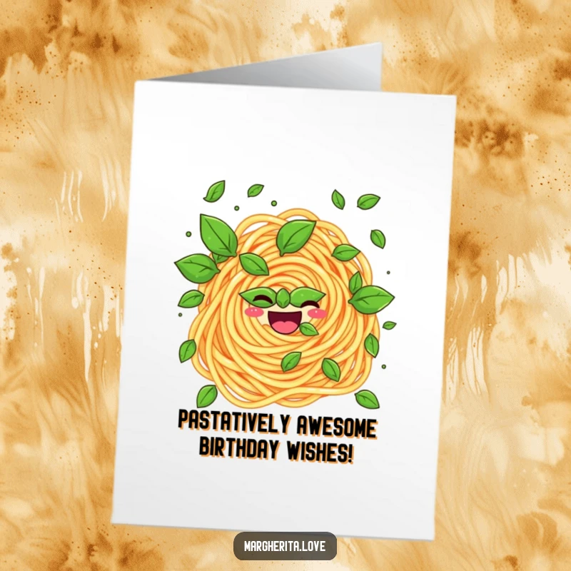 Funny Free Printable Birthday Card: Cheerful pasta swirl juggling basil leaves with a silly grin, perfect for a foodie's celebration.