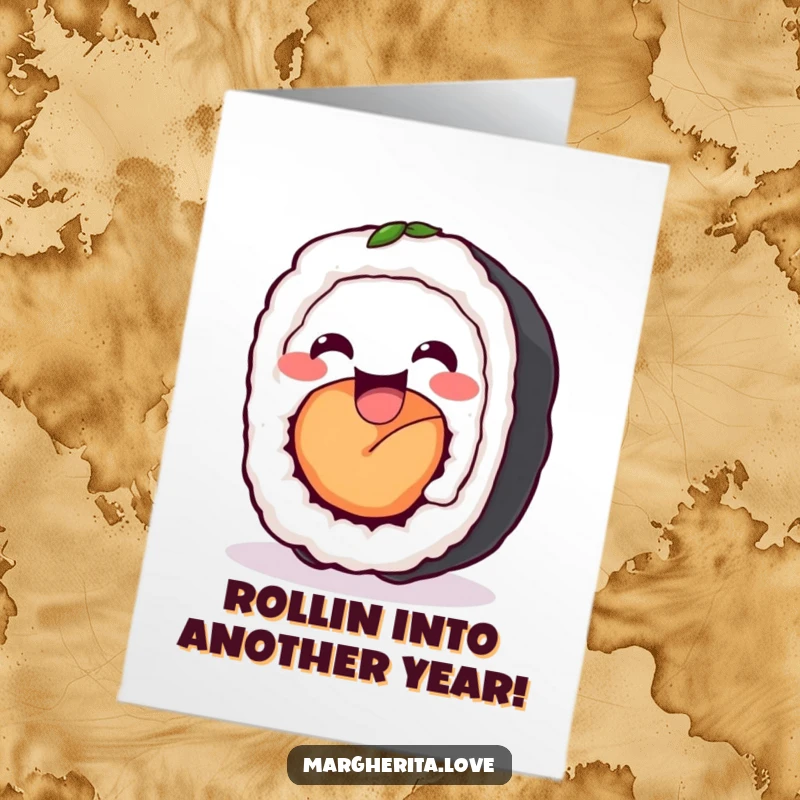 Funny Free Printable Birthday Card: A delighted sushi roll wiggling energetically for a birthday.