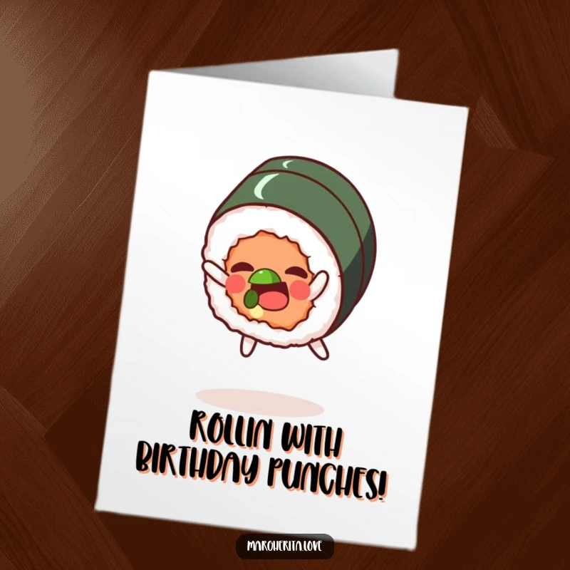 Funny Free Printable Birthday Card: A delighted sushi roll character executing a perfect, energetic somersault with flair.