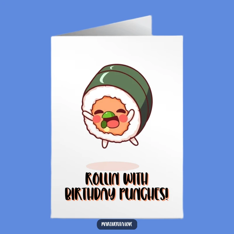 Free Printable Birthday Card: Sushi Roll Somersault, Funny Downloadable Gift for Celebration