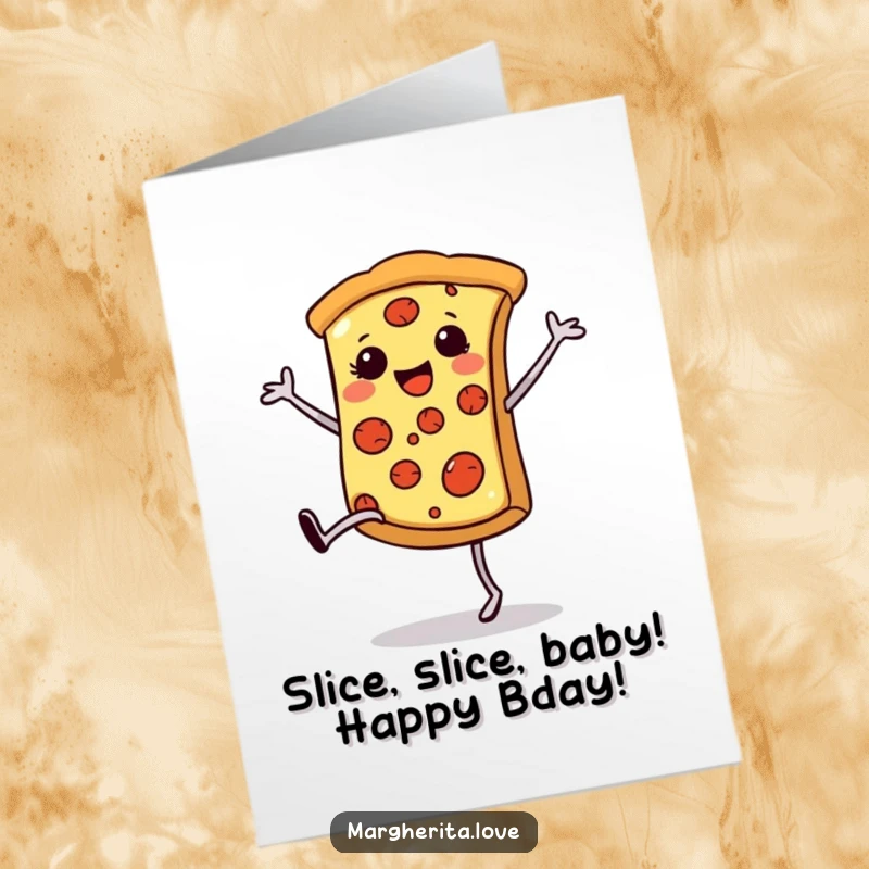 Funny Free Printable happy pizza slice with legs gleefully doing a cartwheel, perfect for a birthday card.