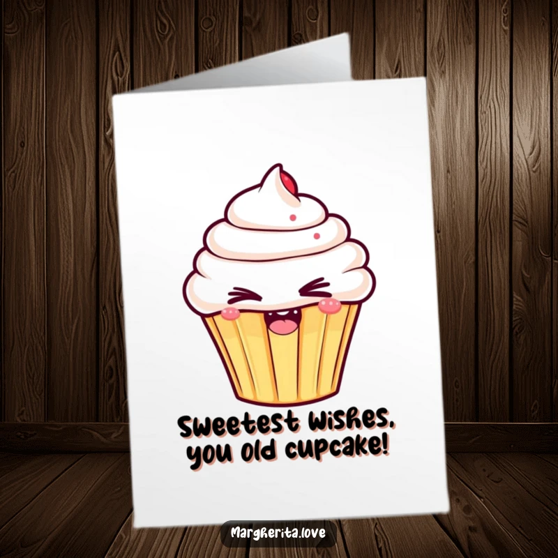 Funny free printable birthday card: a cheerful cupcake winks mischievously, ready to deliver a sweet, hilarious message.