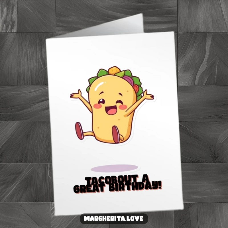 Funny Free Printable Birthday Card: A jaunty taco person happily cartwheels, a vibrant and downloadable birthday celebration.
