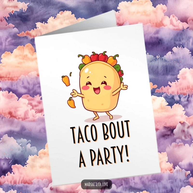Funny Free Printable Birthday Card: Happy taco character enthusiastically juggling small bell peppers with a grin.