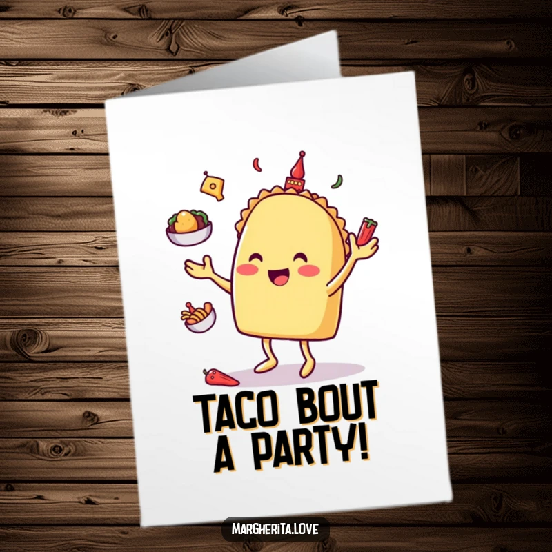 Funny free printable birthday card featuring a happy taco character skillfully juggling tiny toppings.