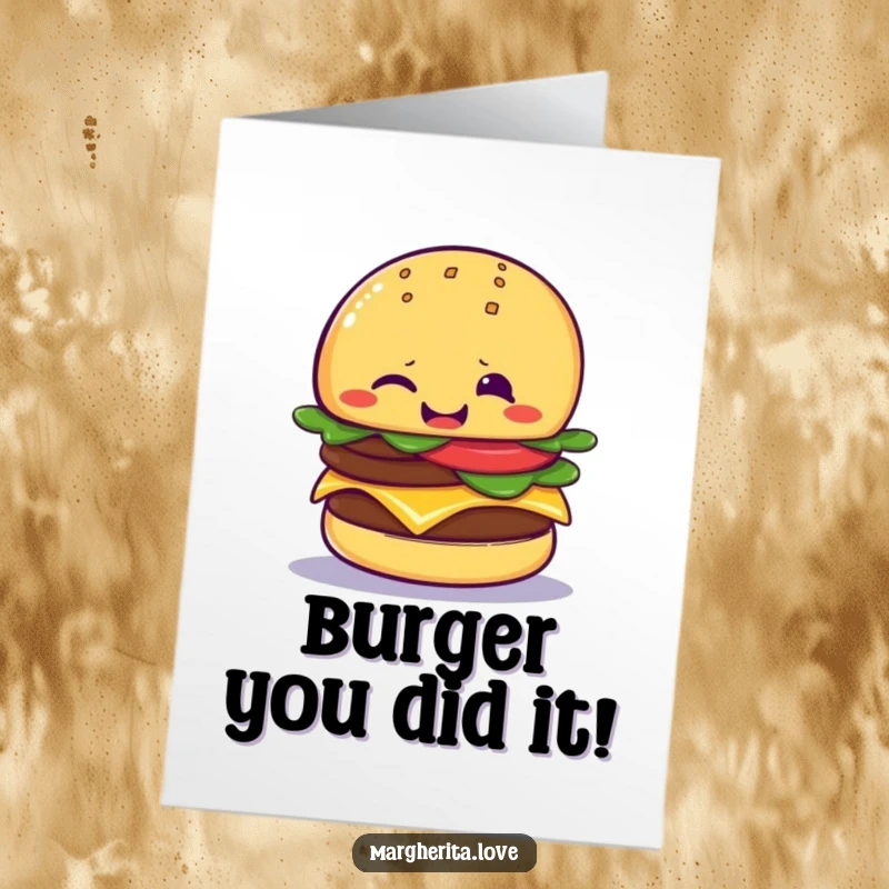 Funny Free Printable Congratulations Card: A smiling cheeseburger winking playfully to celebrate.