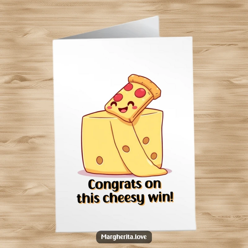 Funny Free Printable Congratulations Card: A smiling pizza slice dramatically slides down a giant cheese strand, a downloadable celebration feast.