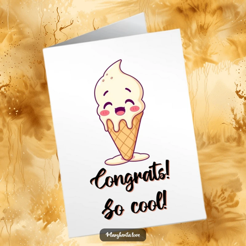 Funny Free Printable Congratulations Card: A surprised yet happy ice cream cone melting joyfully, celebrating success.