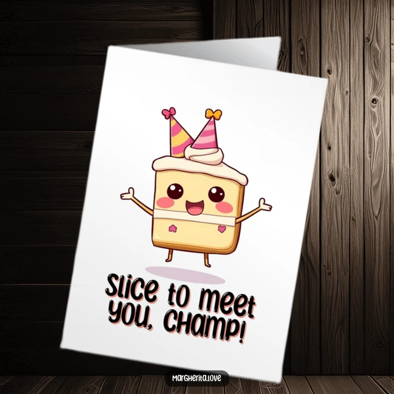 Funny Free Printable Congrats Card: A happy cake slice wearing a party hat, joyfully bouncing to celebrate a sweet victory.