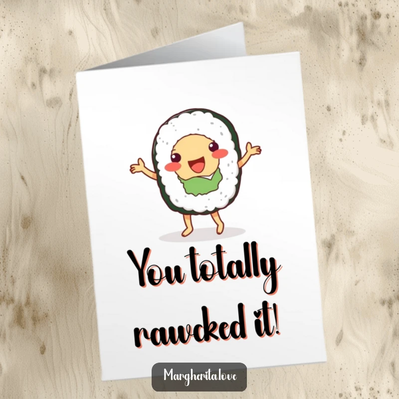 Funny Free Printable Congratulations Card: A happy sushi roll person dancing with enthusiasm, perfectly capturing the spirit of celebration.