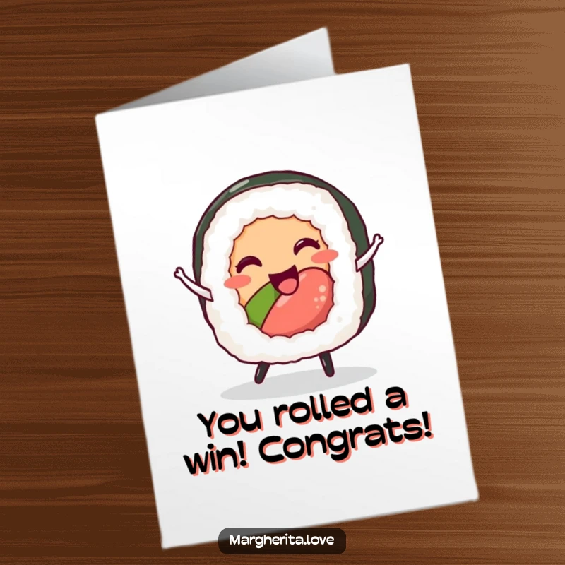 Funny Free Printable Congratulations Card: A delighted sushi roll doing a celebratory dance, perfect for any win.