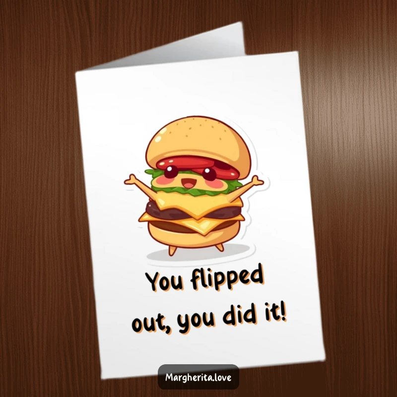 Funny free printable congratulations card: an ecstatic burger flips itself, conveying exciting and humorous well wishes.