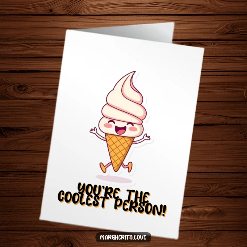 Funny Free Printable congratulations card: An ice cream cone gleefully skipping, celebrating success with frosty delight.