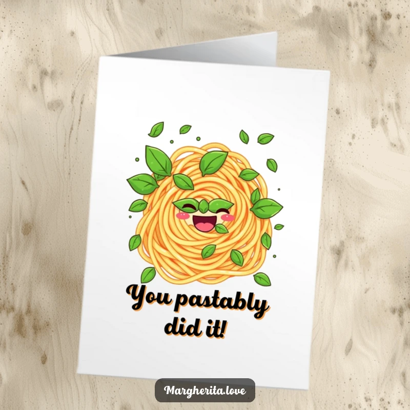 Funny Free Printable Congratulations Card: Joyful pasta swirl juggling basil leaves, celebrating success with a playful, quirky vibe.