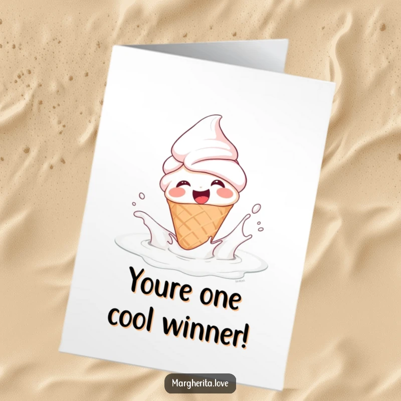Funny Free Printable Congratulations Card: A giggling ice cream cone person joyfully splashing in milk, celebrating success.
