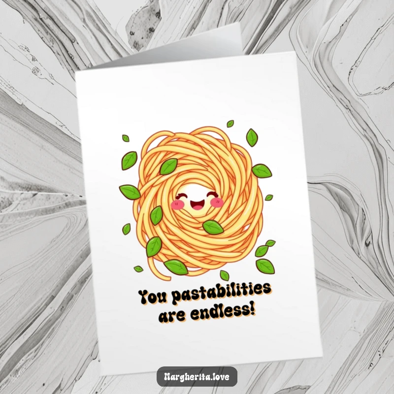 Funny free printable congratulations card showing a pasta swirl juggling basil leaves, celebrating success with a playful juggling act.
