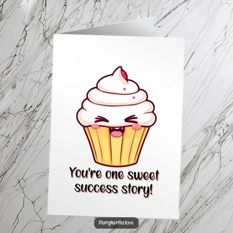 Funny free printable congratulations card: a smirking cupcake winks, offering a delightful and humorous note of achievement.