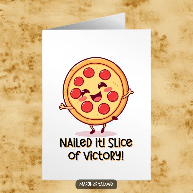 Funny Free Printable congratulations card of a smiling pizza slice doing a cartwheel, representing a triumphant and joyful win.