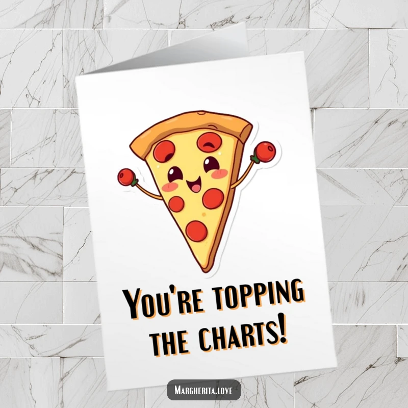 Funny free printable congratulations card: A smiling slice of pizza juggling pepperoni, celebrating a successful achievement with joy.