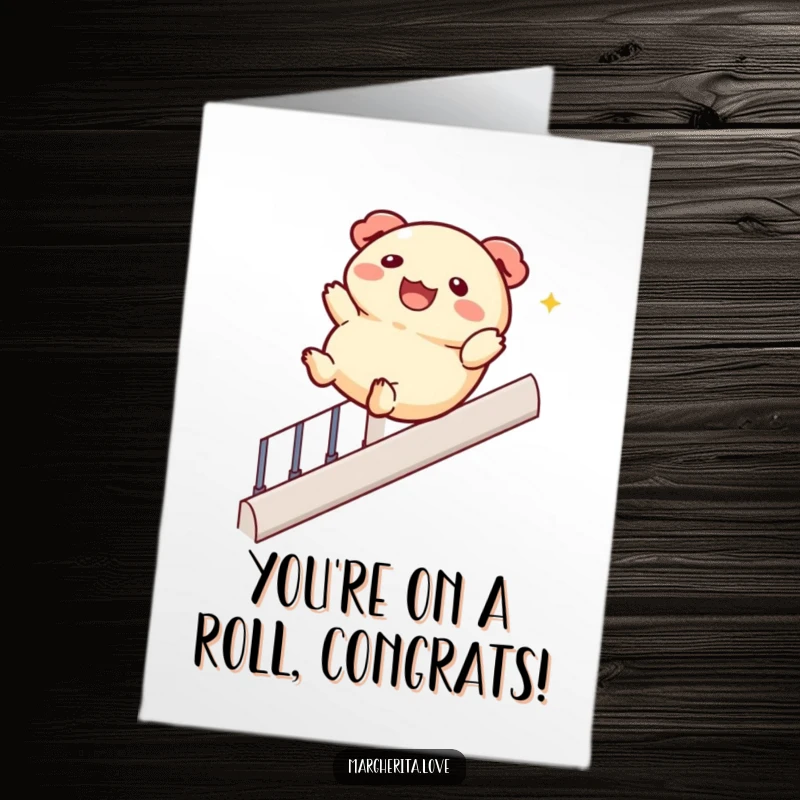 Funny free printable congratulations card: a jolly dumpling glides smoothly down a banister, celebrating success with playful ease.
