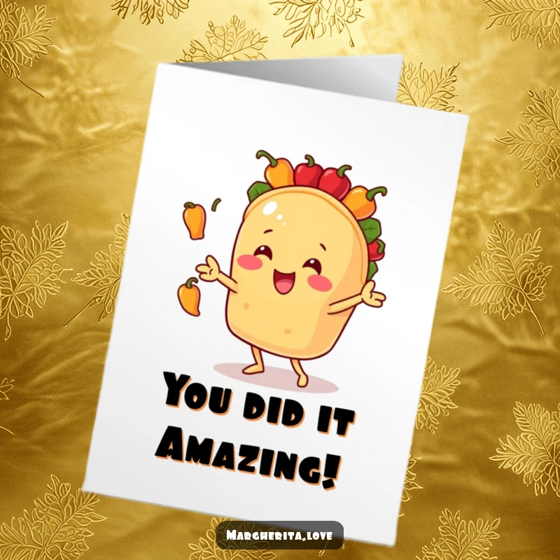 Funny Free Printable Congrats Card: Enthusiastic taco character joyfully juggling bell peppers for a special occasion.