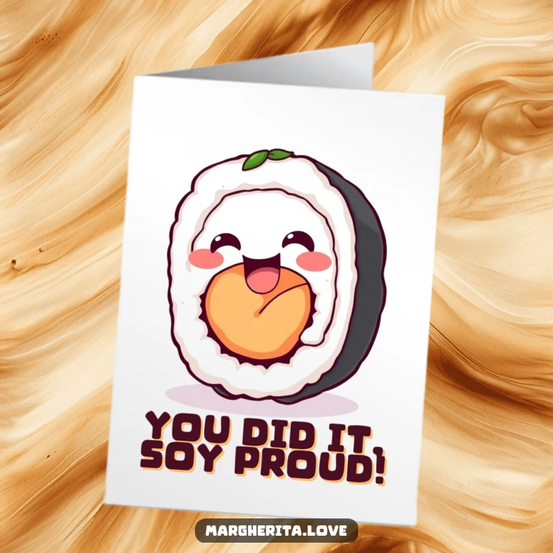 Funny Free Printable Congratulations Card: A happy sushi roll wiggling with excitement and joy.