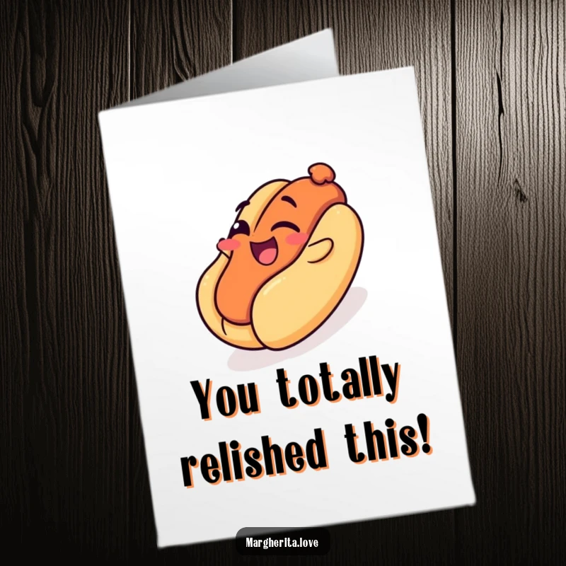 Funny Free Printable Congratulations Card: Winking hot dog slides down a bun like a playground, celebrating a win.