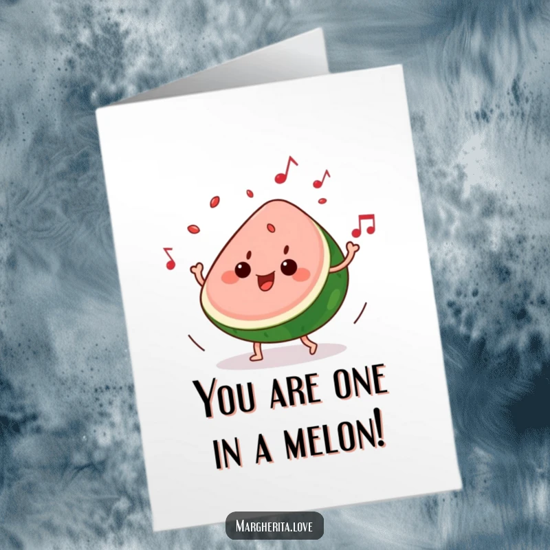 Funny Free Printable Congratulations Card: Watermelon slice boogies to music with seeds popping out, celebrating success.