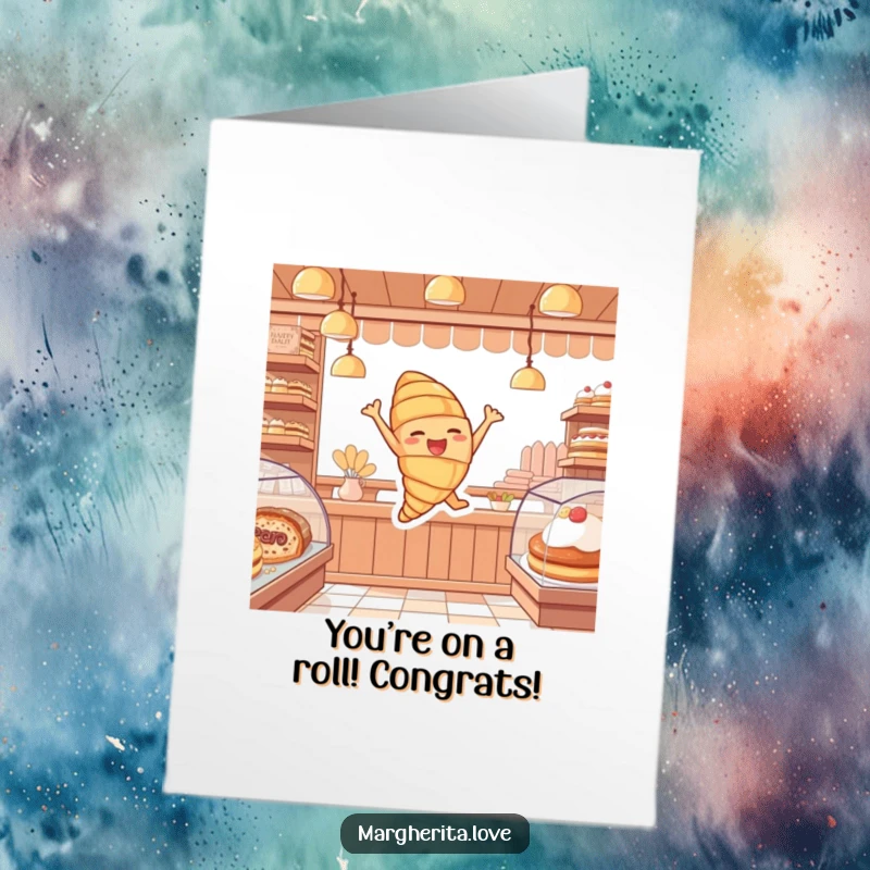 Funny Free Printable Congrats Card: Ecstatic croissant character mid-leap in a bakery, celebrating a wonderful achievement.