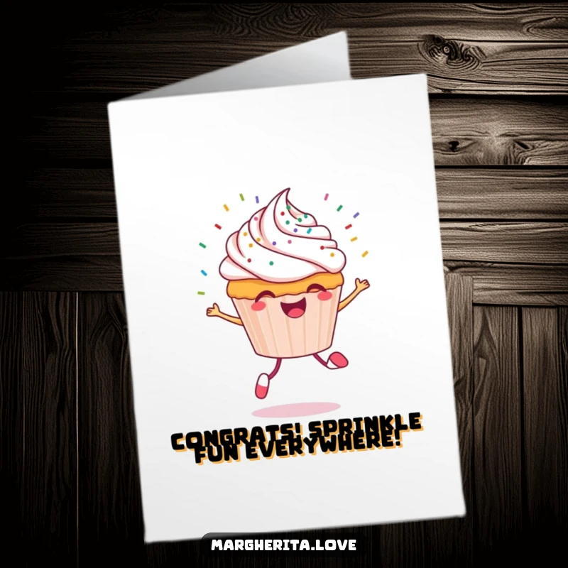 Funny Free Printable Cupcake Congratulations Card: A happy cupcake character skipping with sprinkles flying, celebrating achievements.