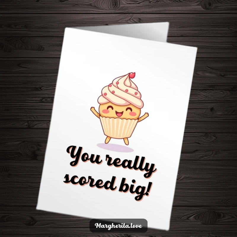 Funny Free Printable Congratulations Card: A joyful cupcake energetically bouncing a ball, cheering on a sweet victory.