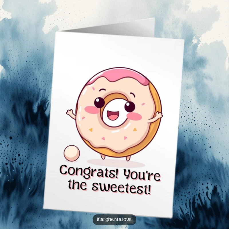 Funny Free Printable Donut Congratulations Card: Adorable donut character joyfully bouncing a tiny ball, celebrating success.
