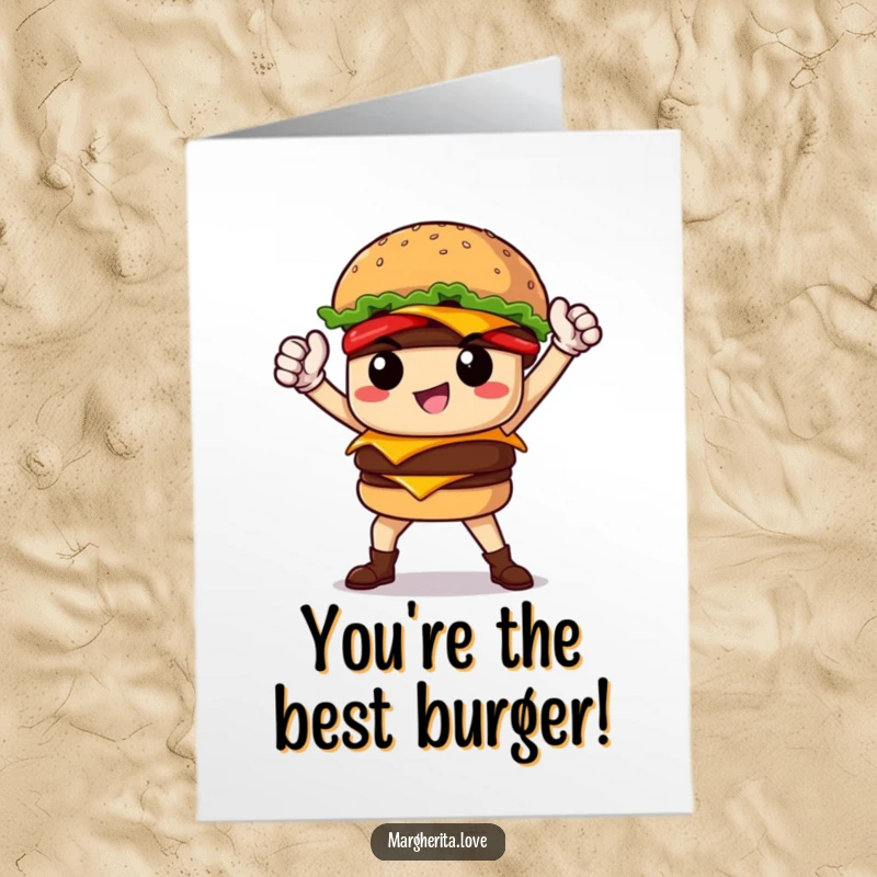 Funny Free Printable congratulations card showing a proud burger character posing heroically, celebrating a monumental success.