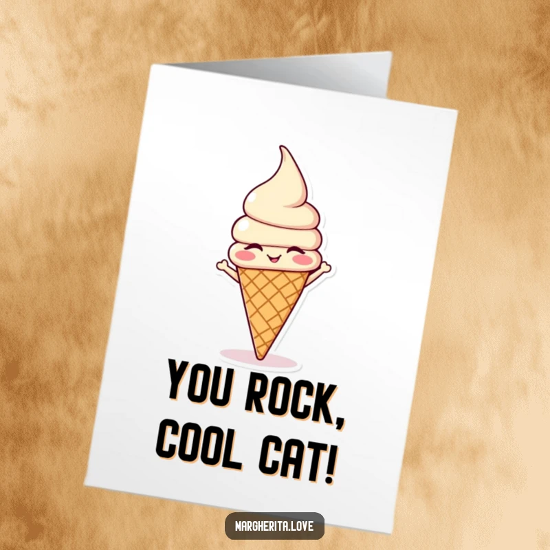 Funny Free Printable congratulations card showing a winking ice cream cone character balancing in a headstand, celebrating a big win.