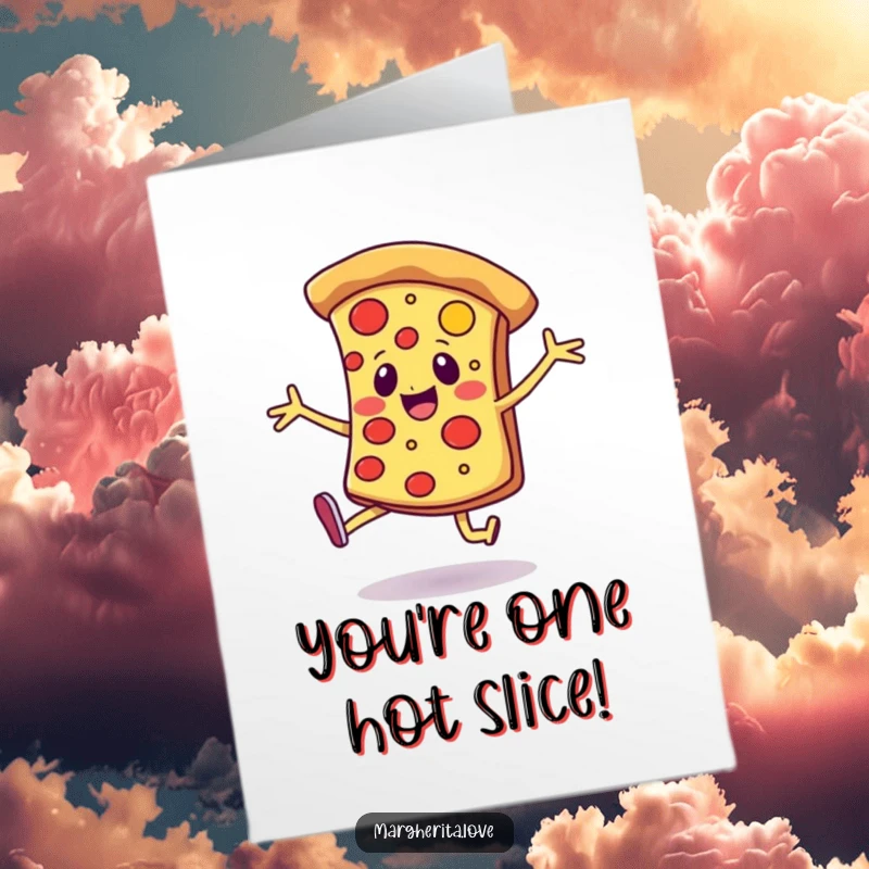 Funny Free Printable Congrats Card: Joyful pizza slice with legs dances with enthusiasm, celebrating success.