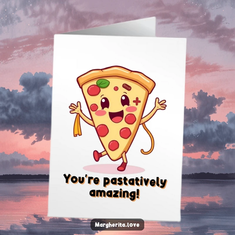 Funny Free Printable Congrats Card: Happy pizza slice twirling with a pasta noodle, sharing in the celebration joy.
