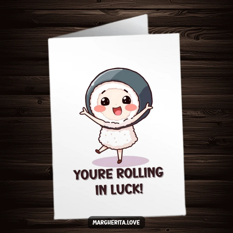 Funny free printable congratulations card with a sushi roll character doing a pirouette to celebrate.