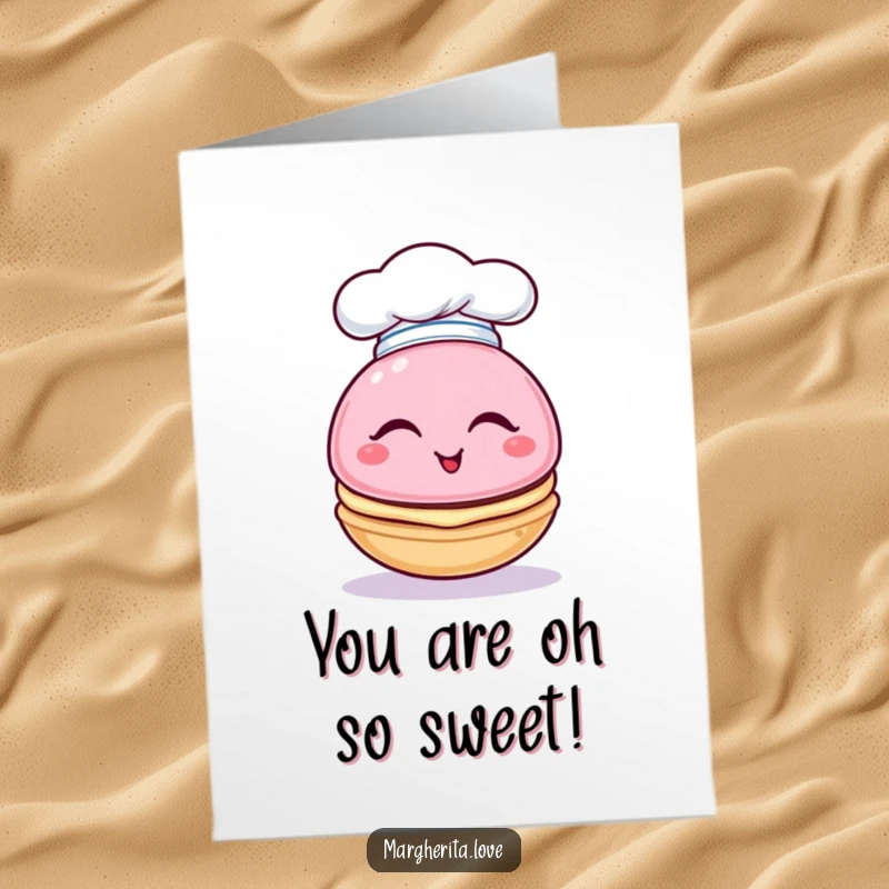 Funny Free Printable Congrats Card: A sweet macaron character in a chef hat winks, celebrating success.