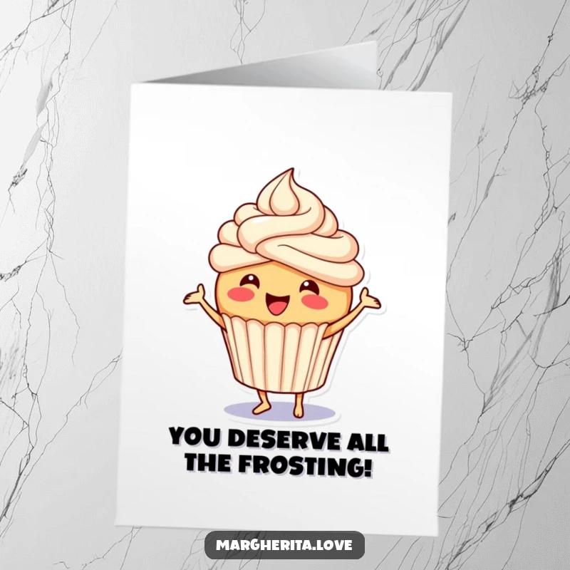 Funny Free Printable Congratulations Card: A cheerful cupcake with fluffy frosting performs a lively jig, celebrating your win.