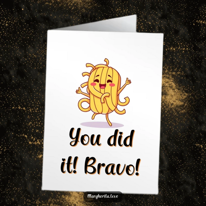 Funny Free Printable congratulations card with a cheerful pasta character busting a move, celebrating your success.