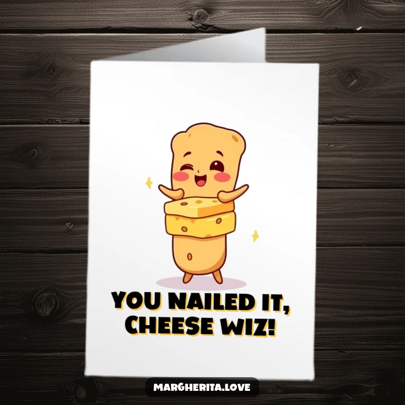 Funny Free Printable congratulations card showing a baguette character joyfully balancing a mountain of cheese.