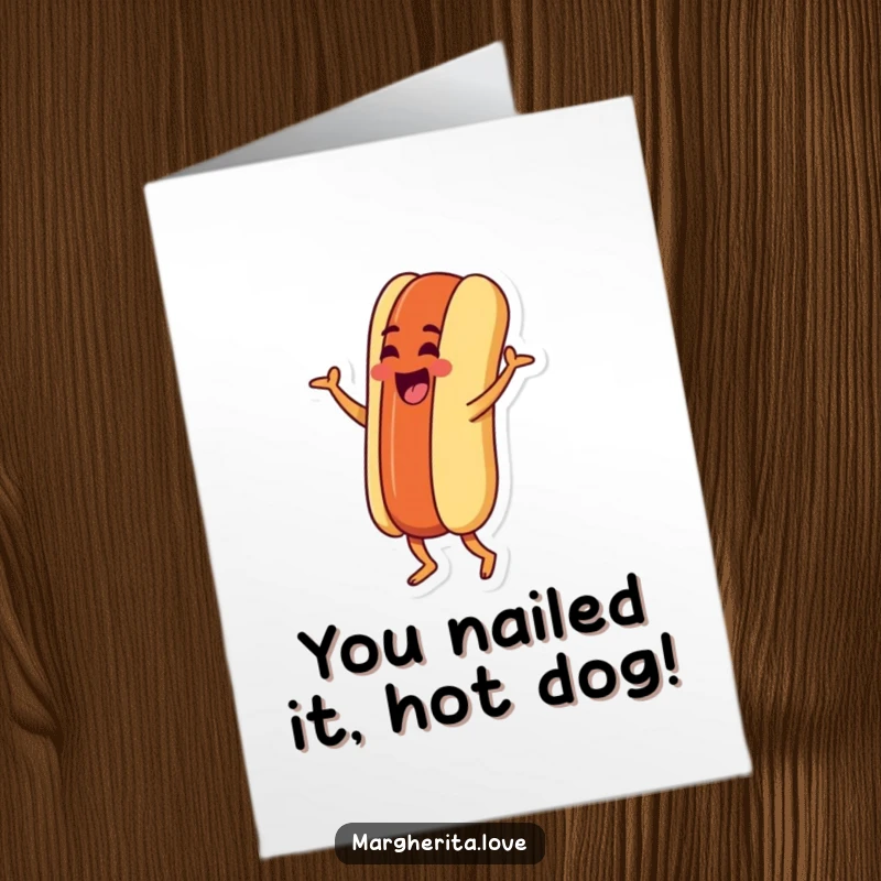 Funny Free Printable Congratulations Card: A goofy hot dog person doing a silly jig, cheering on success with downloadable humor.
