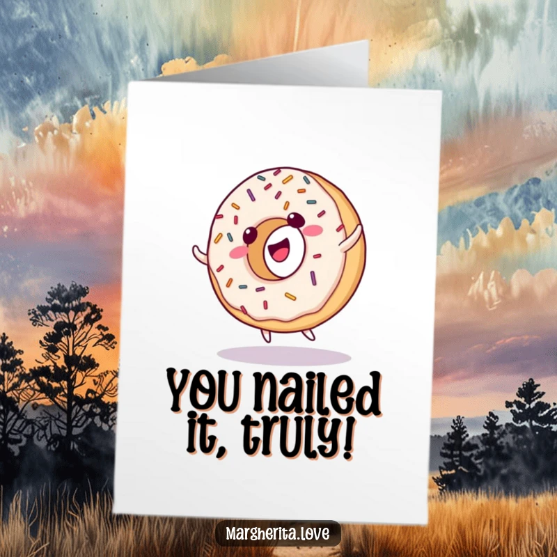 Funny Free Printable Congrats Card: Giggling donut with sprinkles performs a cartwheel, celebrating success with enthusiasm.