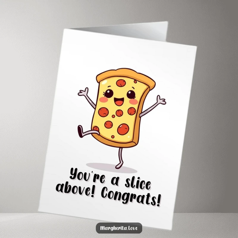 Funny Free Printable pizza slice with legs performing a cartwheel, conveying excitement for a congratulations card.