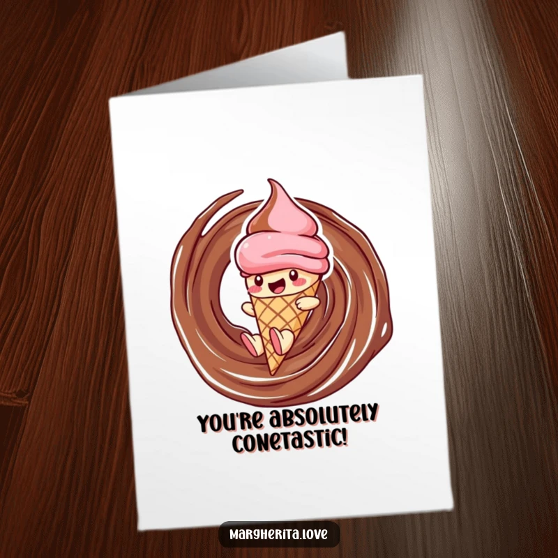 Funny Free Printable Congratulations Card: A happy ice cream cone character joyfully slides down a decadent chocolate swirl, celebrating success.