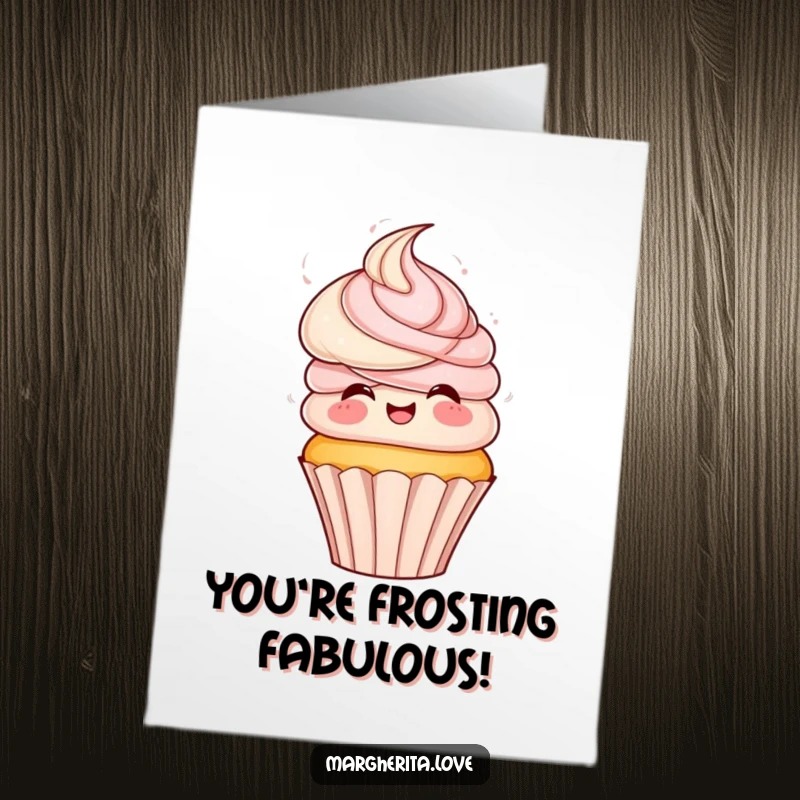 Funny Free Printable Congrats Card: Playful cupcake with frosting hair spins with excitement, celebrating good news.