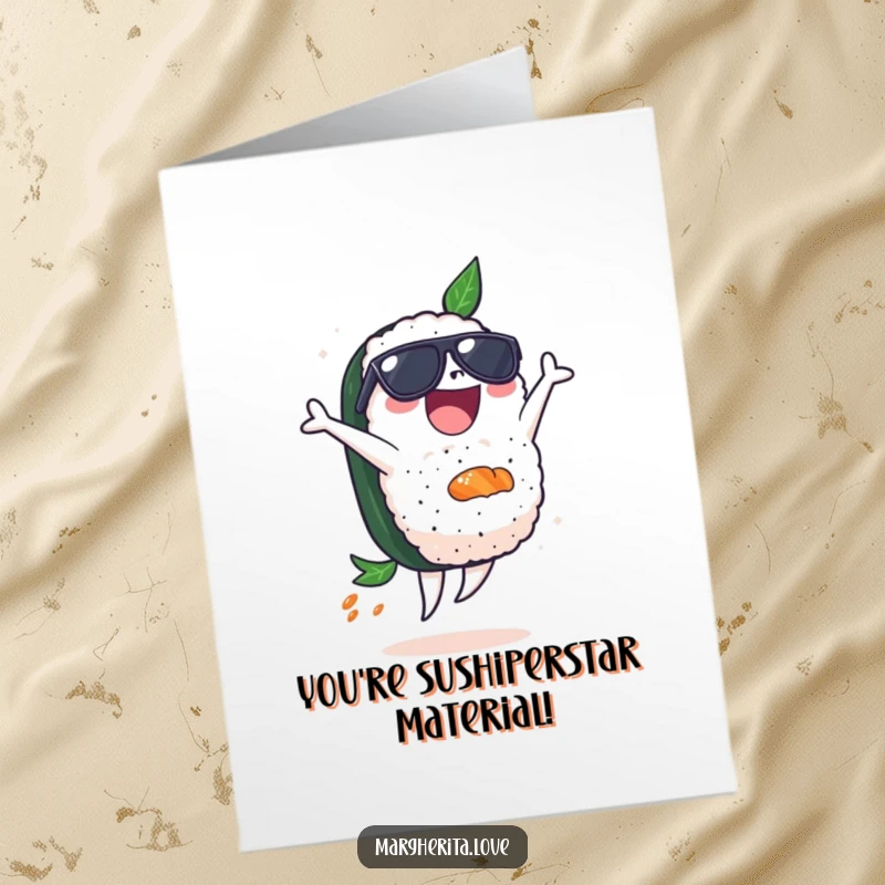 Funny Free Printable Congrats Card: Sushi in sunglasses performs a backflip, celebrating victory with athletic grace.