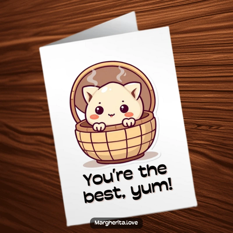 Funny Free Printable congratulations card with a curious dumpling peeking from a basket, celebrating a new milestone.