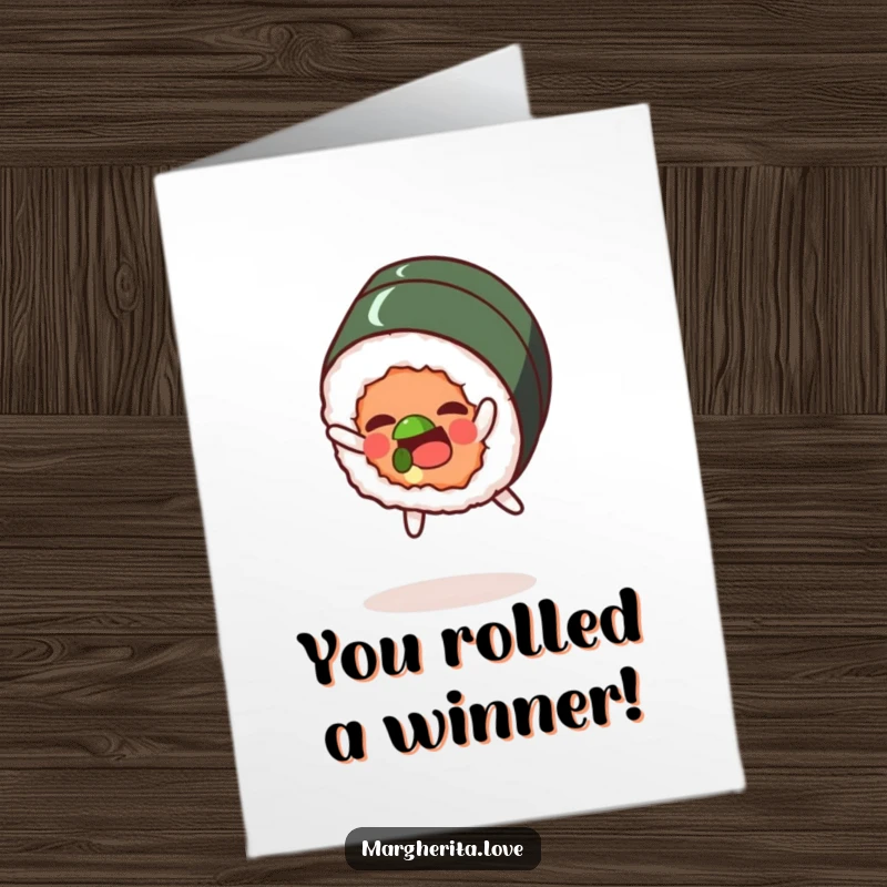 Funny Free Printable Congrats Card: A happy sushi roll character performing a dynamic somersault to mark an occasion.